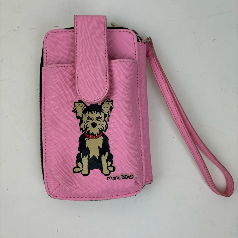 Marc Tetro pink Yorkie Dog wristlet bag